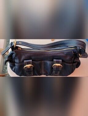 Classic Navy Leather Shoulder Bag with Gold Hardware